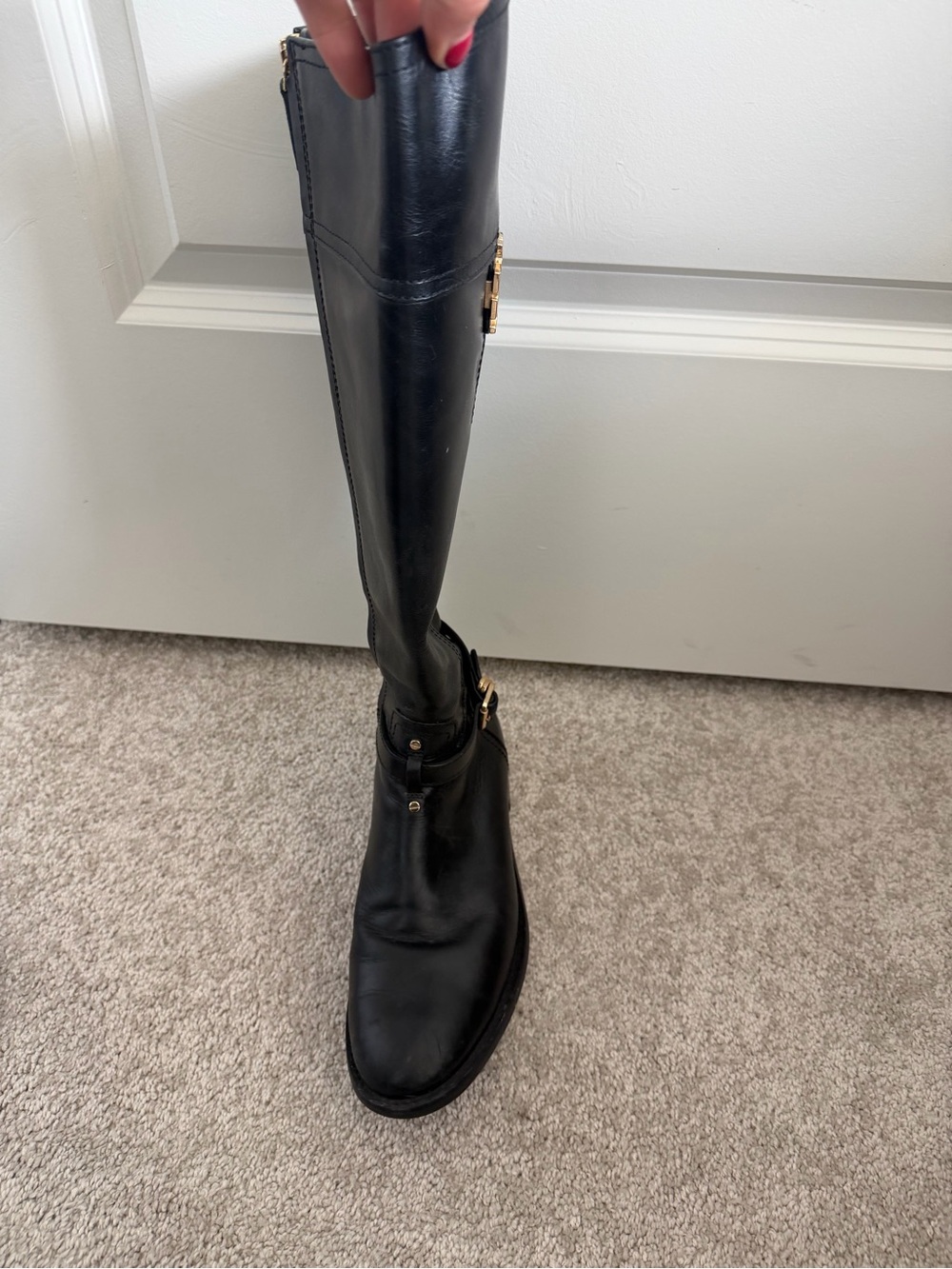 Tory Burch Black Leather Knee-High Boots with Gold Logo - Picture 10 of 16